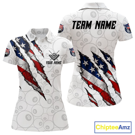 Personalized White Grunge American Flag Billiard Shirt For Women, Patriotic 8 Ball Pool Team Jersey TDM7793
