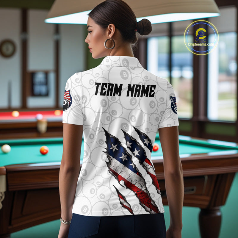 Personalized White Grunge American Flag Billiard Shirt For Women, Patriotic 8 Ball Pool Team Jersey TDM7793