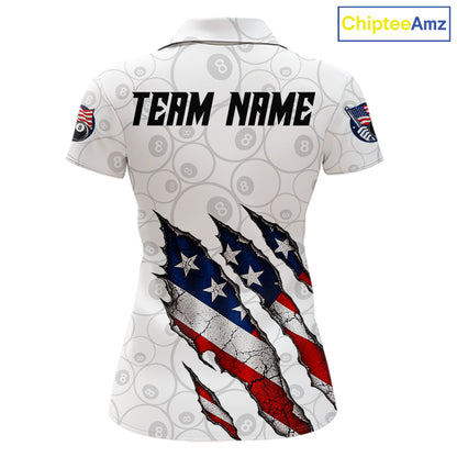 Personalized White Grunge American Flag Billiard Shirt For Women, Patriotic 8 Ball Pool Team Jersey TDM7793