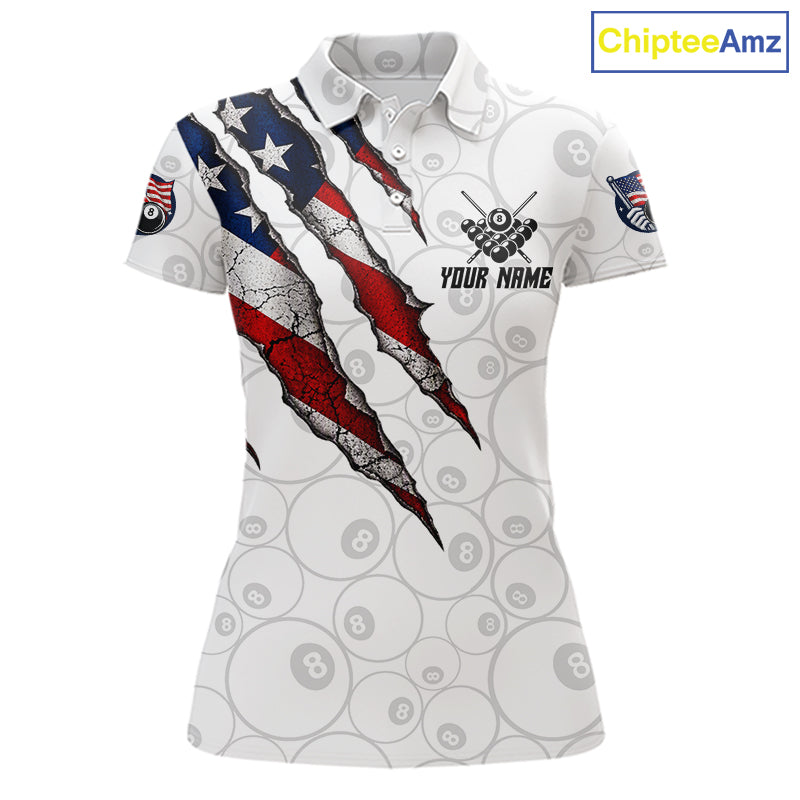 Personalized White Grunge American Flag Billiard Shirt For Women, Patriotic 8 Ball Pool Team Jersey TDM7793