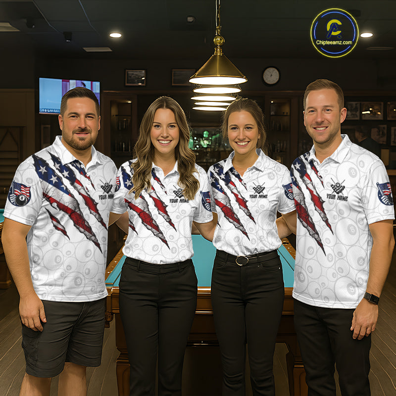 Personalized White Grunge American Flag Billiard Shirt For Women, Patriotic 8 Ball Pool Team Jersey TDM7793