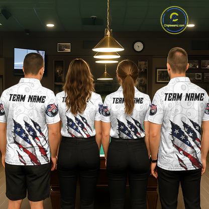 Personalized White Grunge American Flag Billiard Shirt For Women, Patriotic 8 Ball Pool Team Jersey TDM7793