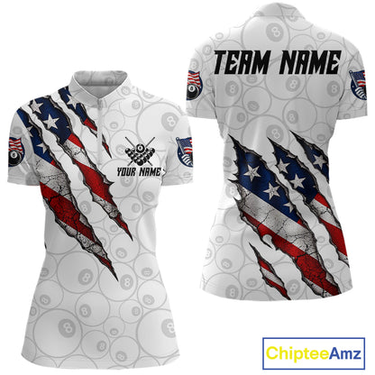 Personalized White Grunge American Flag Billiard Shirt For Women, Patriotic 8 Ball Pool Team Jersey TDM7793