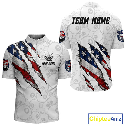 Personalized White Grunge American Flag Billiard Shirt For Men, Patriotic 8 Ball Pool Team Jersey TDM7793