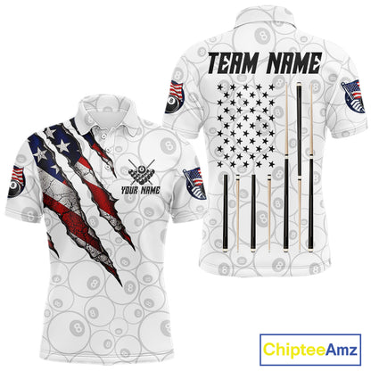 Custom White Grunge 8 Ball Pool American Flag Billiard Jersey For Men, Patriotic Pool Team Shirts TDM7794