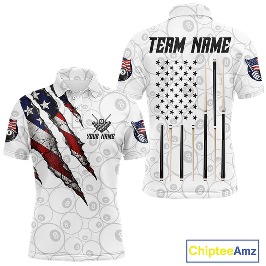 Custom White Grunge 8 Ball Pool American Flag Billiard Jersey For Men, Patriotic Pool Team Shirts TDM7794