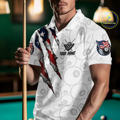 Custom White Grunge 8 Ball Pool American Flag Billiard Jersey For Men, Patriotic Pool Team Shirts TDM7794