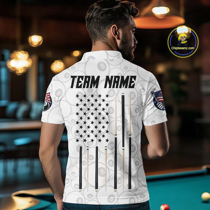 Custom White Grunge 8 Ball Pool American Flag Billiard Jersey For Men, Patriotic Pool Team Shirts TDM7794