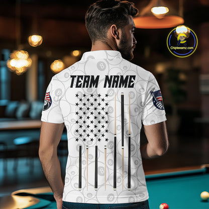 Custom White Grunge 8 Ball Pool American Flag Billiard Jersey For Men, Patriotic Pool Team Shirts TDM7794