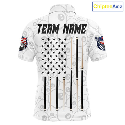 Custom White Grunge 8 Ball Pool American Flag Billiard Jersey For Men, Patriotic Pool Team Shirts TDM7794