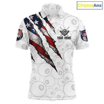 Custom White Grunge 8 Ball Pool American Flag Billiard Jersey For Men, Patriotic Pool Team Shirts TDM7794
