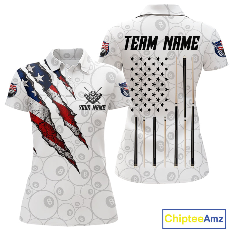 Custom White Grunge 8 Ball Pool American Flag Billiard Jersey For Women, Patriotic Pool Team Shirts TDM7794