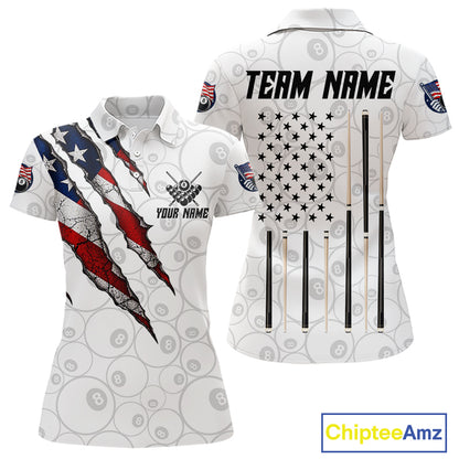 Custom White Grunge 8 Ball Pool American Flag Billiard Jersey For Women, Patriotic Pool Team Shirts TDM7794