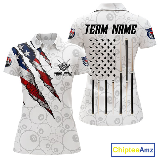 Custom White Grunge 8 Ball Pool American Flag Billiard Jersey For Women, Patriotic Pool Team Shirts TDM7794