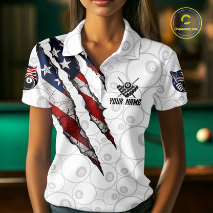 Custom White Grunge 8 Ball Pool American Flag Billiard Jersey For Women, Patriotic Pool Team Shirts TDM7794