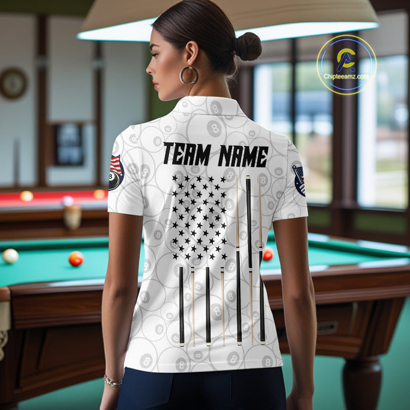 Custom White Grunge 8 Ball Pool American Flag Billiard Jersey For Women, Patriotic Pool Team Shirts TDM7794