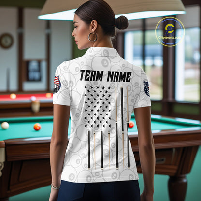 Custom White Grunge 8 Ball Pool American Flag Billiard Jersey For Women, Patriotic Pool Team Shirts TDM7794