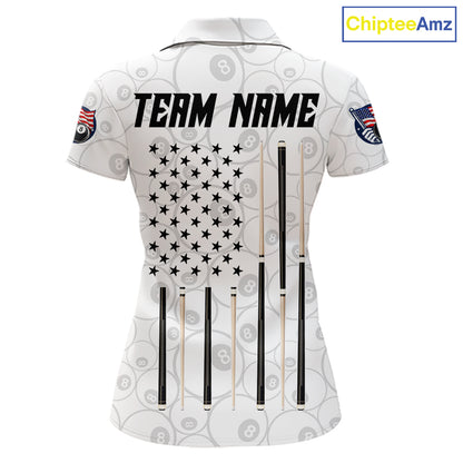 Custom White Grunge 8 Ball Pool American Flag Billiard Jersey For Women, Patriotic Pool Team Shirts TDM7794