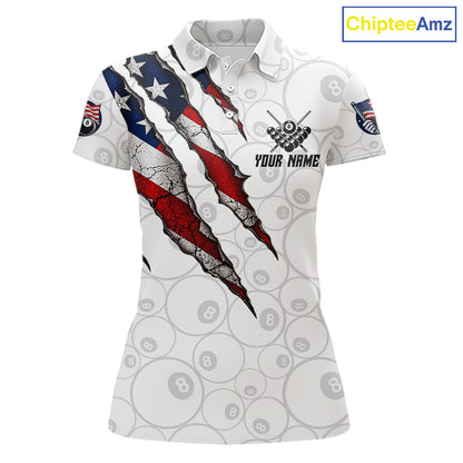 Custom White Grunge 8 Ball Pool American Flag Billiard Jersey For Women, Patriotic Pool Team Shirts TDM7794