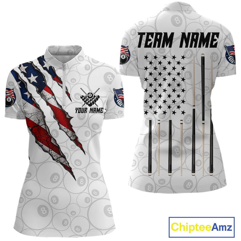 Custom White Grunge 8 Ball Pool American Flag Billiard Jersey For Women, Patriotic Pool Team Shirts TDM7794