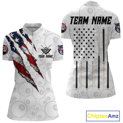 Custom White Grunge 8 Ball Pool American Flag Billiard Jersey For Women, Patriotic Pool Team Shirts TDM7794