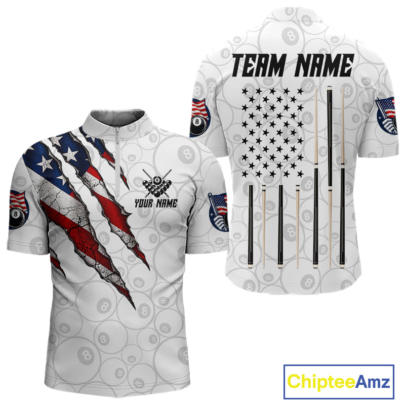 Custom White Grunge 8 Ball Pool American Flag Billiard Jersey For Men, Patriotic Pool Team Shirts TDM7794