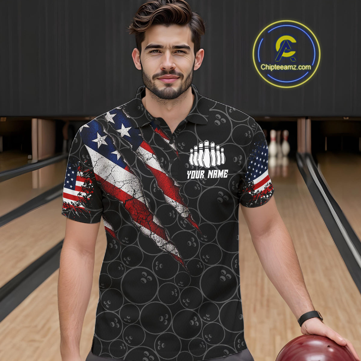 Custom Black Grunge American Flag Bowling Shirt For Men, Patriotic Bowling League Team Jersey TDM7795