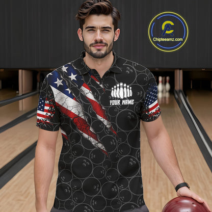 Custom Black Grunge American Flag Bowling Shirt For Men, Patriotic Bowling League Team Jersey TDM7795
