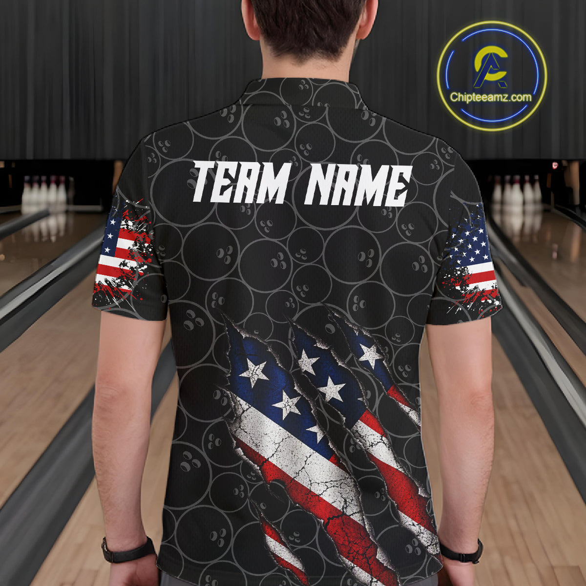 Custom Black Grunge American Flag Bowling Shirt For Men, Patriotic Bowling League Team Jersey TDM7795