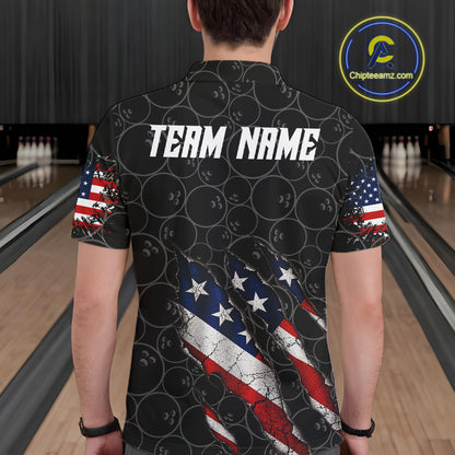 Custom Black Grunge American Flag Bowling Shirt For Men, Patriotic Bowling League Team Jersey TDM7795