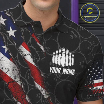 Custom Black Grunge American Flag Bowling Shirt For Men, Patriotic Bowling League Team Jersey TDM7795