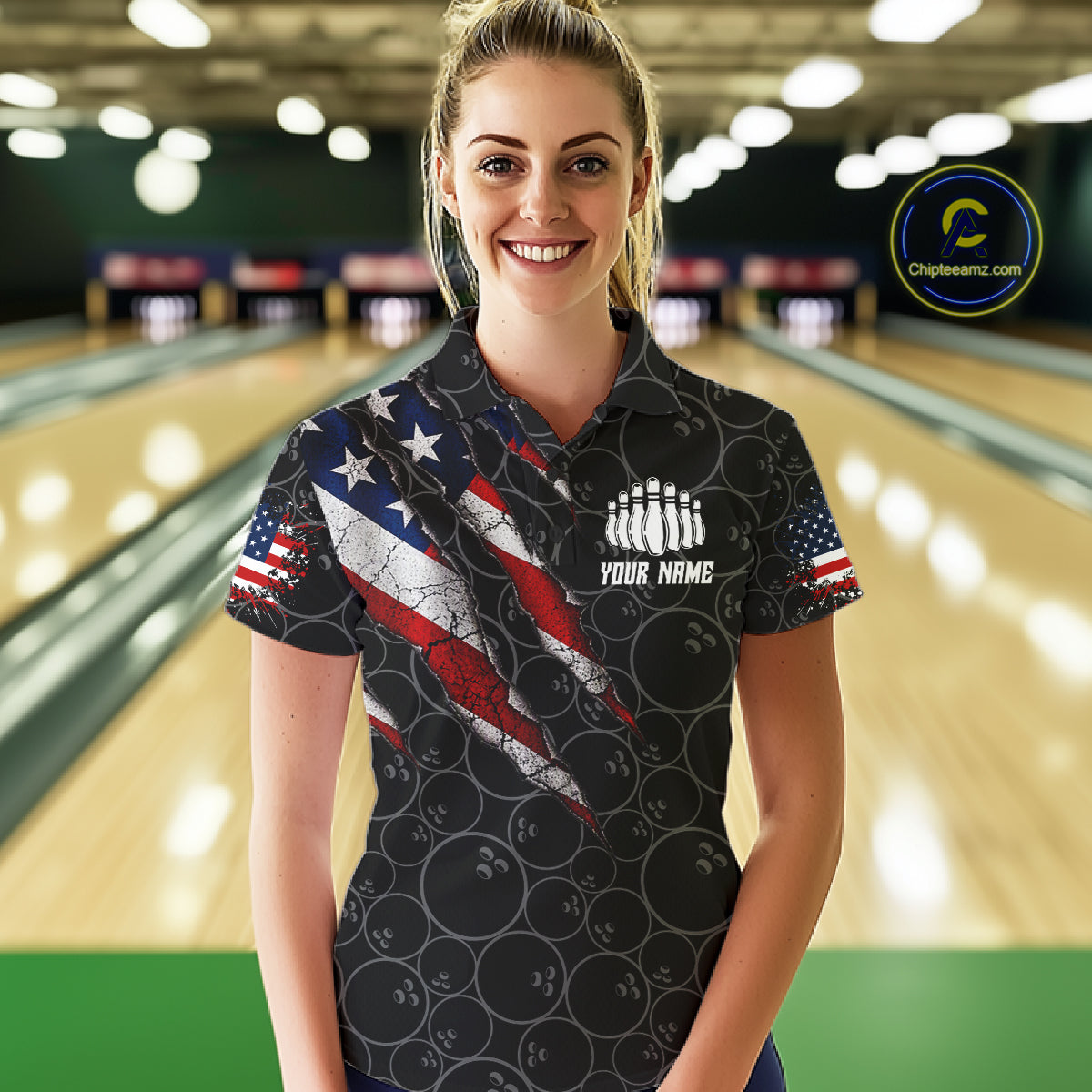Custom Black Grunge American Flag Bowling Shirt For Women, Patriotic Bowling League Team Jersey TDM7795