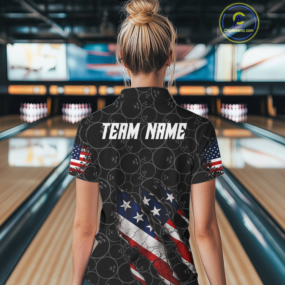 Custom Black Grunge American Flag Bowling Shirt For Women, Patriotic Bowling League Team Jersey TDM7795