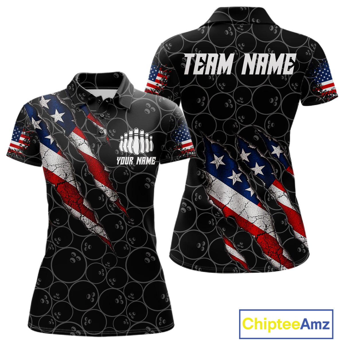 Custom Black Grunge American Flag Bowling Shirt For Women, Patriotic Bowling League Team Jersey TDM7795