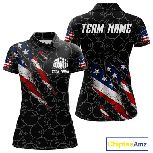 Custom Black Grunge American Flag Bowling Shirt For Women, Patriotic Bowling League Team Jersey TDM7795