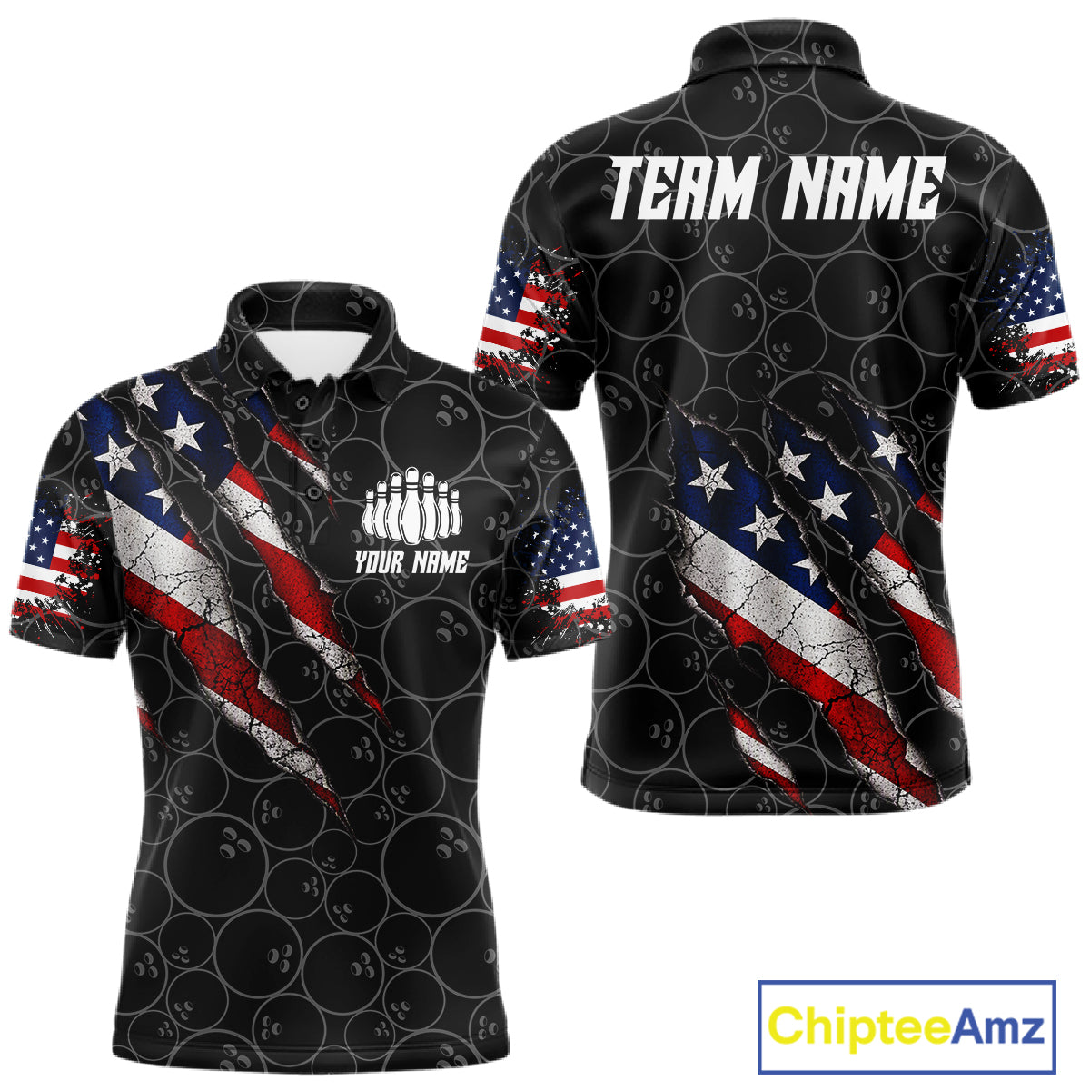 Custom Black Grunge American Flag Bowling Shirt For Men, Patriotic Bowling League Team Jersey TDM7795