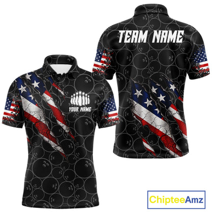 Custom Black Grunge American Flag Bowling Shirt For Men, Patriotic Bowling League Team Jersey TDM7795