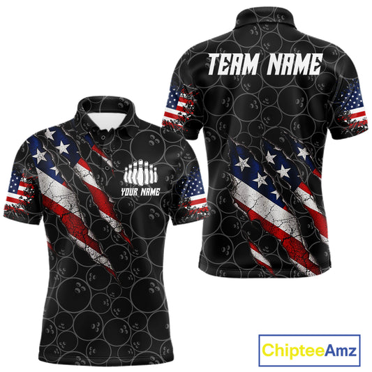 Custom Black Grunge American Flag Bowling Shirt For Men, Patriotic Bowling League Team Jersey TDM7795