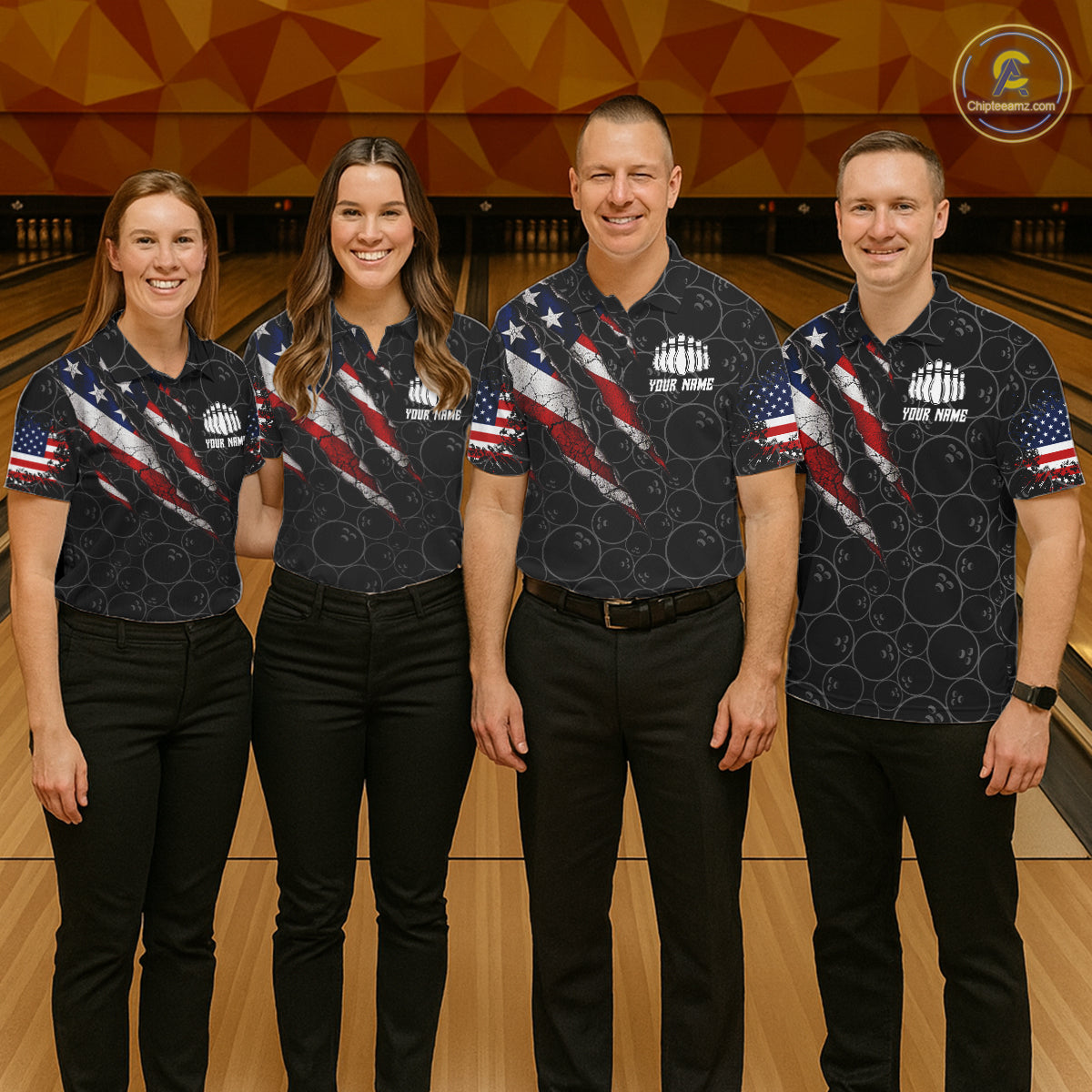 Custom Black Grunge American Flag Bowling Shirt For Men, Patriotic Bowling League Team Jersey TDM7795