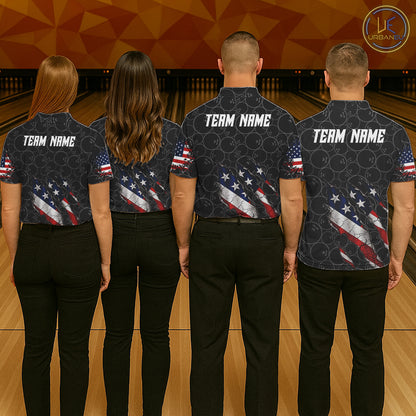 Custom Black Grunge American Flag Bowling Shirt For Men, Patriotic Bowling League Team Jersey TDM7795