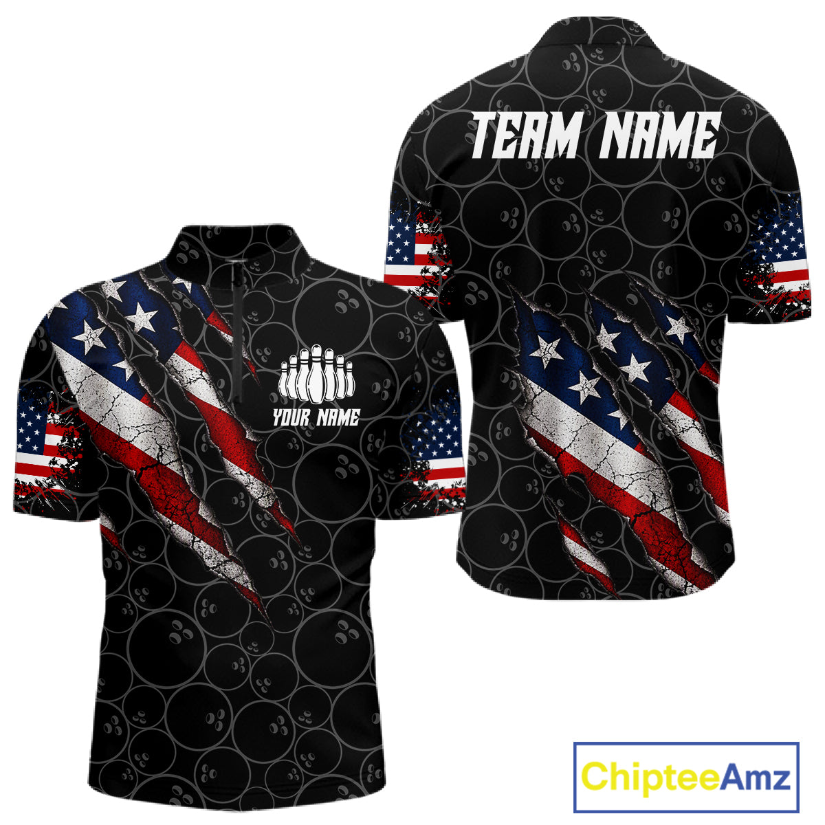 Custom Black Grunge American Flag Bowling Shirt For Men, Patriotic Bowling League Team Jersey TDM7795