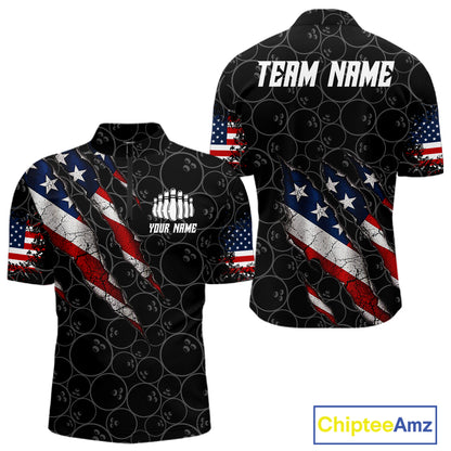 Custom Black Grunge American Flag Bowling Shirt For Men, Patriotic Bowling League Team Jersey TDM7795