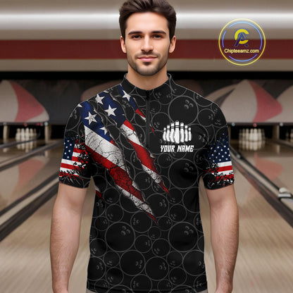 Custom Black Grunge American Flag Bowling Shirt For Men, Patriotic Bowling League Team Jersey TDM7795