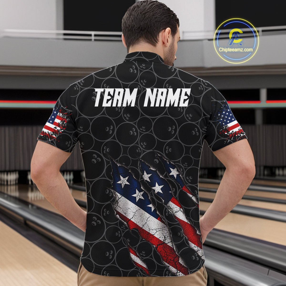 Custom Black Grunge American Flag Bowling Shirt For Men, Patriotic Bowling League Team Jersey TDM7795