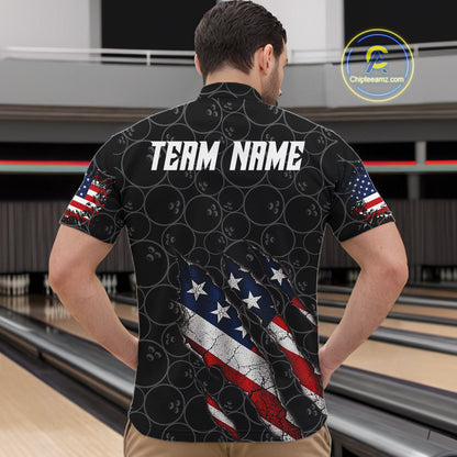 Custom Black Grunge American Flag Bowling Shirt For Men, Patriotic Bowling League Team Jersey TDM7795