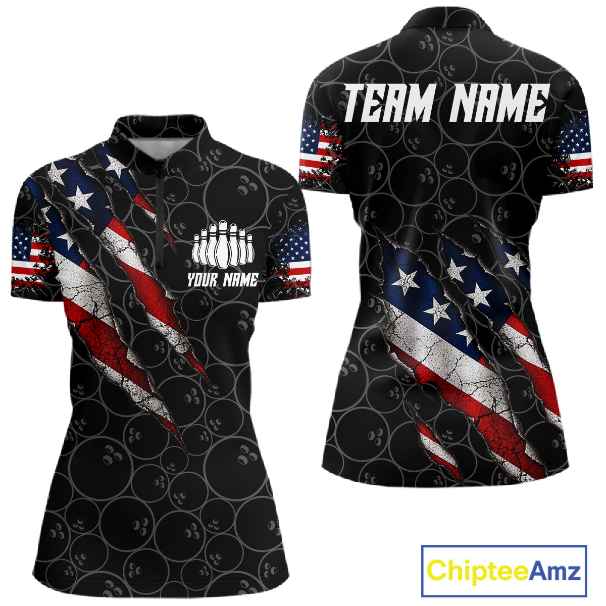 Custom Black Grunge American Flag Bowling Shirt For Women, Patriotic Bowling League Team Jersey TDM7795