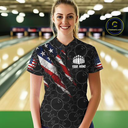 Custom Black Grunge American Flag Bowling Shirt For Women, Patriotic Bowling League Team Jersey TDM7795