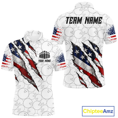 Custom White Grunge American Flag Bowling Shirt For Men, Patriotic Bowling League Team Jersey TDM7796