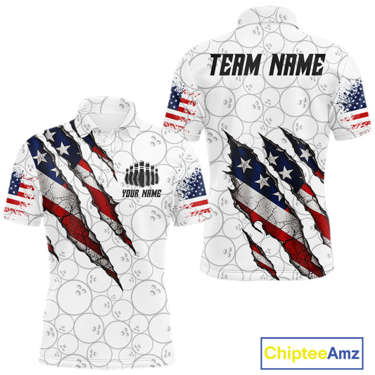 Custom White Grunge American Flag Bowling Shirt For Men, Patriotic Bowling League Team Jersey TDM7796