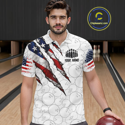 Custom White Grunge American Flag Bowling Shirt For Men, Patriotic Bowling League Team Jersey TDM7796